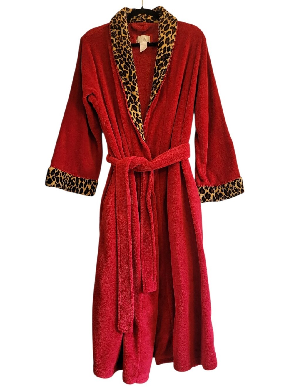 Vintage Oscar de la Renta Red Robe Leopard Shawl Collar Cuffs L/XL Cozy Designer